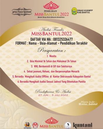 Telah Dibuka, Audisi Finalis Miss Bantul Tahun 2022