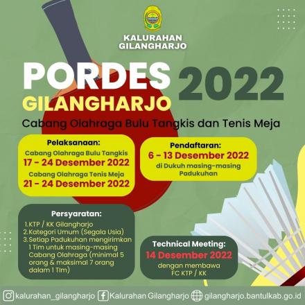 Telah Dibuka, Pendaftaran Peserta Kompetisi Dalam PORDES Kalurahan Gilangharjo Tahun 2022